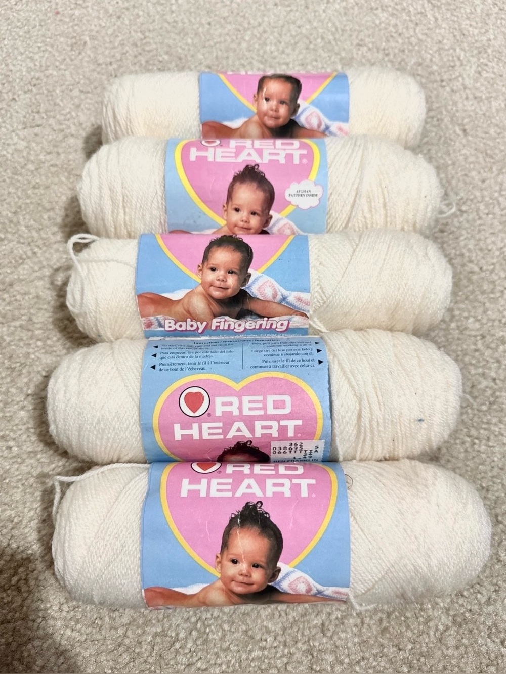 Vintage Red Heart Baby Fingerling Yarn 1.75 OZ Color 004 Off White - 5 Skeins